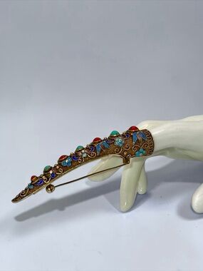 Antique Chinese Silver Gilt Turquoise Coral Cloisonne Fingernail Guard Brooch